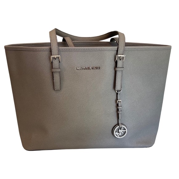 Michael Kors Handbags - Michael Kors Large Tote Grey Saffiano Leather Shoulder Bag Silver Logo